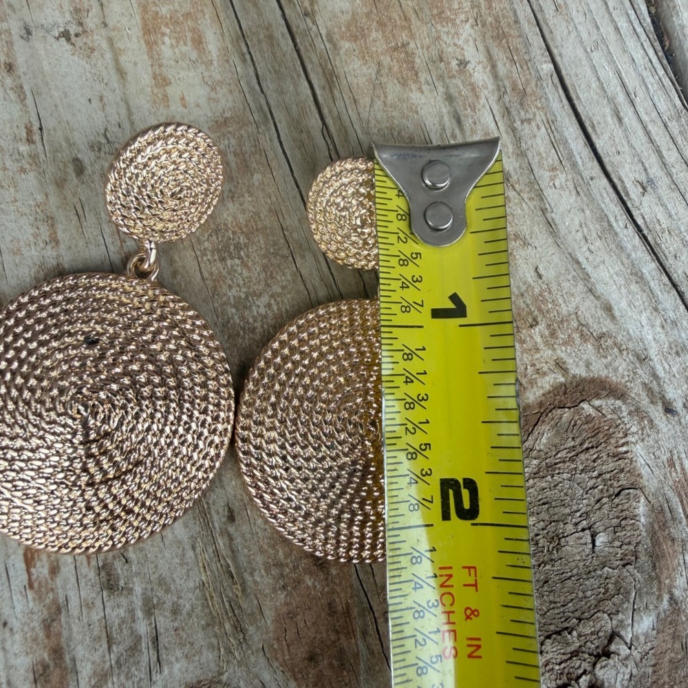 Gold Tone Rope Textured Spiral Disc Dangle Statement Earrings Boho Costume - Picture 4 of 5
